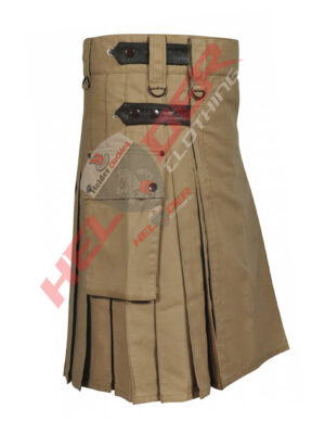 Khaki Leather Straps Cargo Utility Kilt