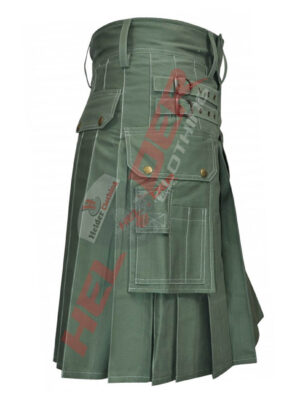 Olive Green Front 5 Buttons Cargo Utility Kilt – alternate view