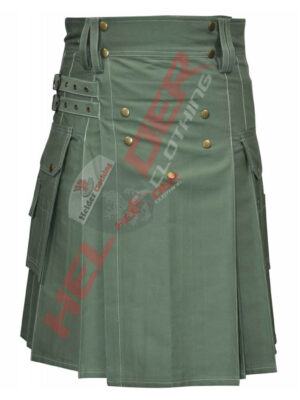 Olive Green Front 5 Buttons Cargo Utility Kilt
