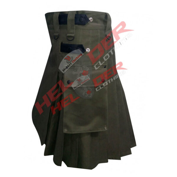 Olive Green Leather Strap Cargo Utility Kilt — image 3