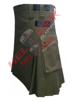 Olive Green Leather Strap Cargo Utility Kilt – alternate view