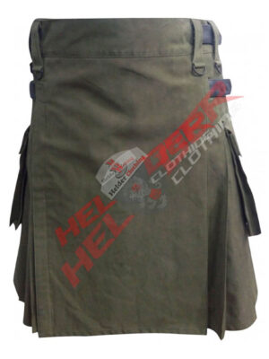 Olive Green Leather Strap Cargo Utility Kilt