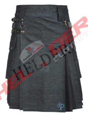 Black Denim Velkro Leather Straps Cargo Utility Kilt