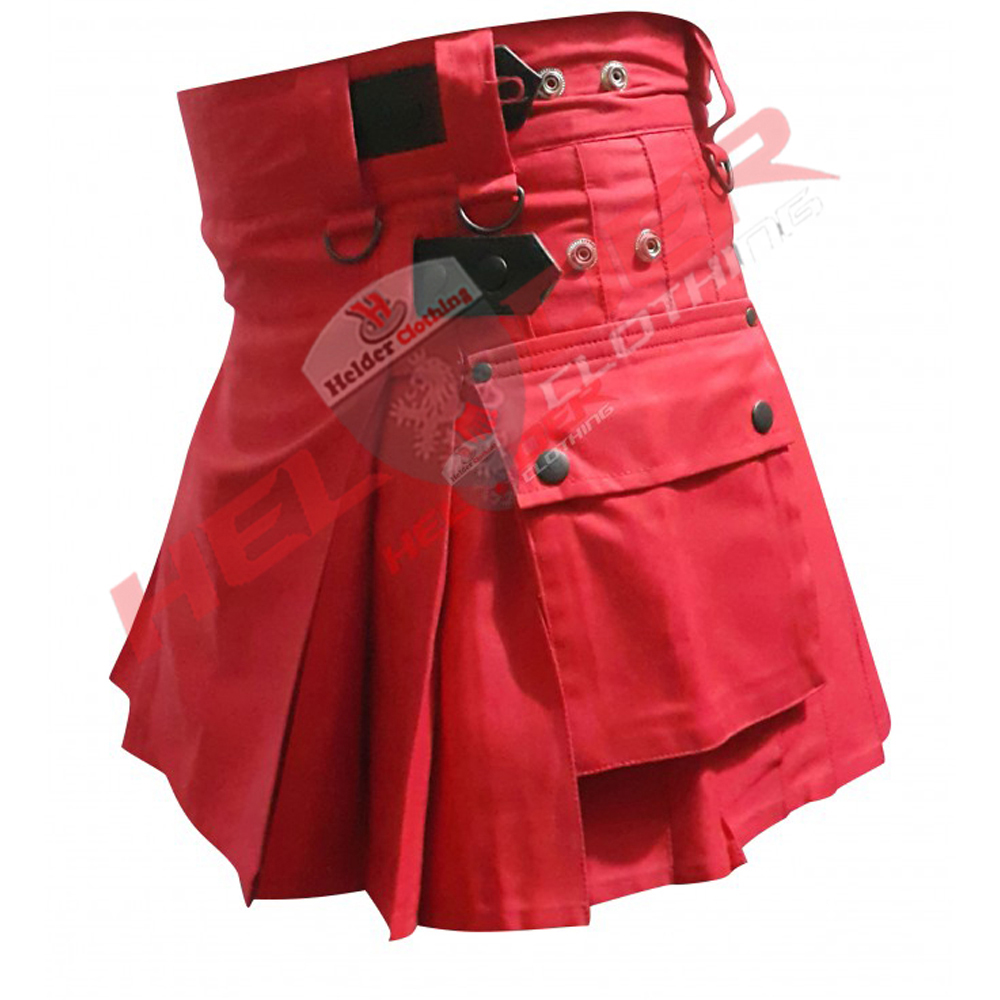 Red Leather Straps Women Cargo Utility Kilt