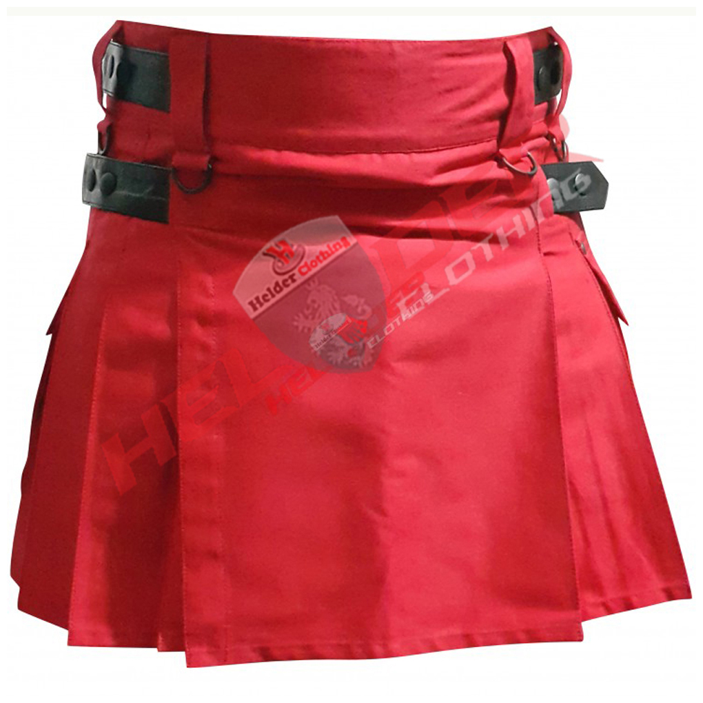 Red Leather Straps Women Cargo Utility Kilt