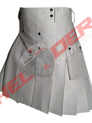 Front 5 Buttons White Cowhide Leather Utility Kilt